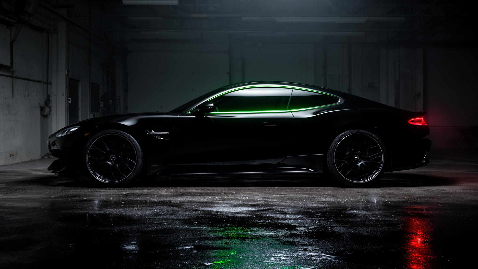 Black sports car with tinted windows in a dark garage